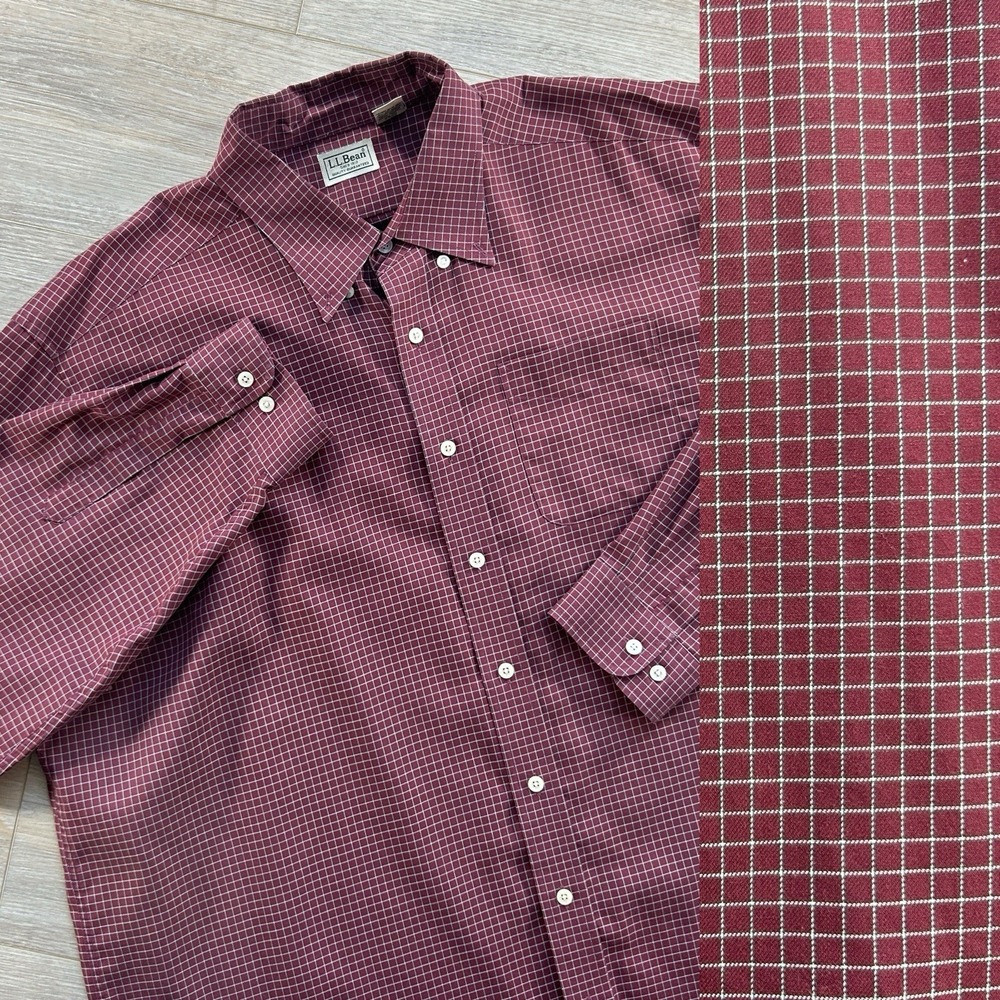 LL Bean Shirt Mens XXL T Maroon Windowpane Plaid Long Sleeve Button Down Cotton